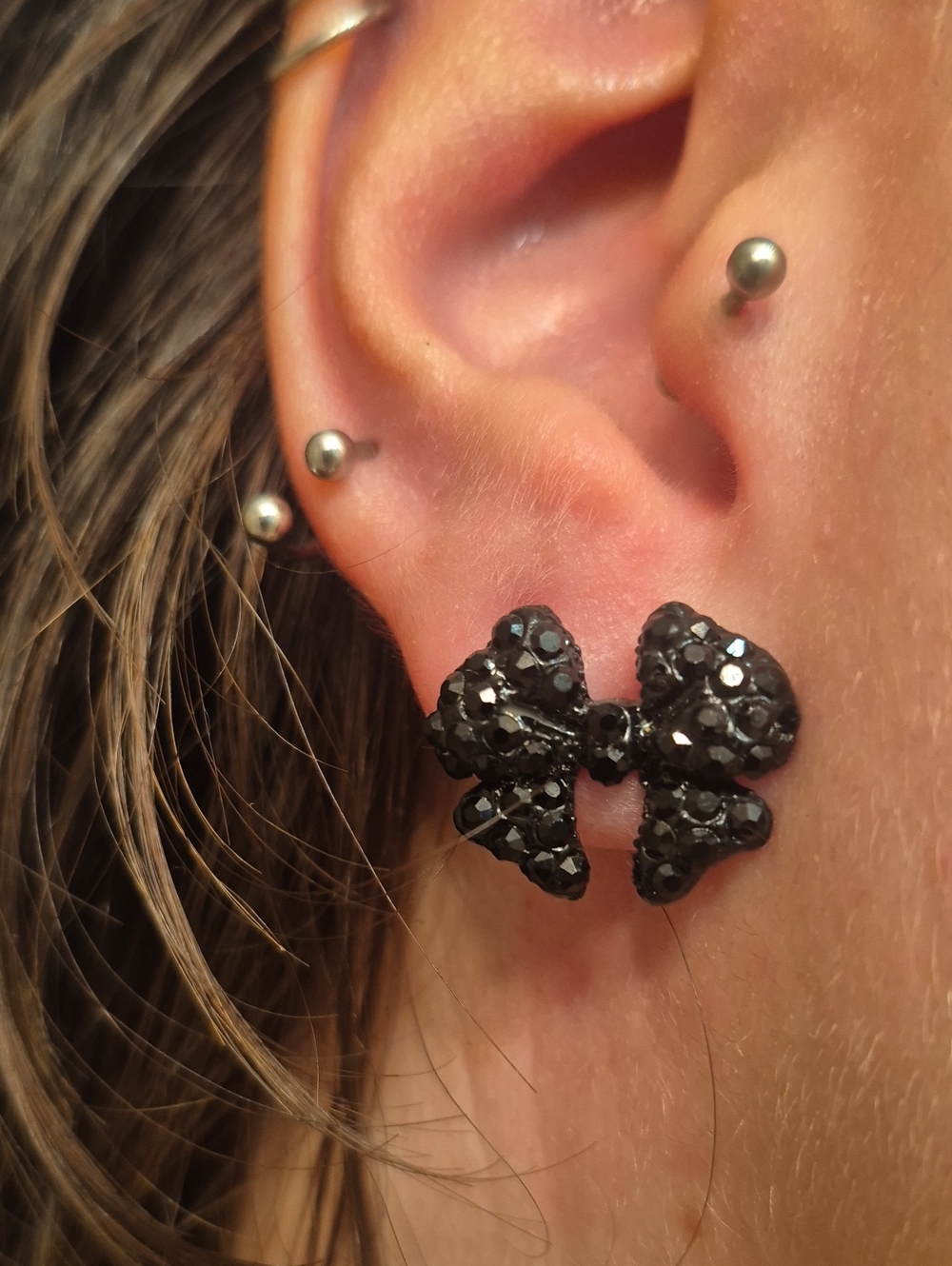 Black Crystal Bow Stud Earrings - Women Jewelry
